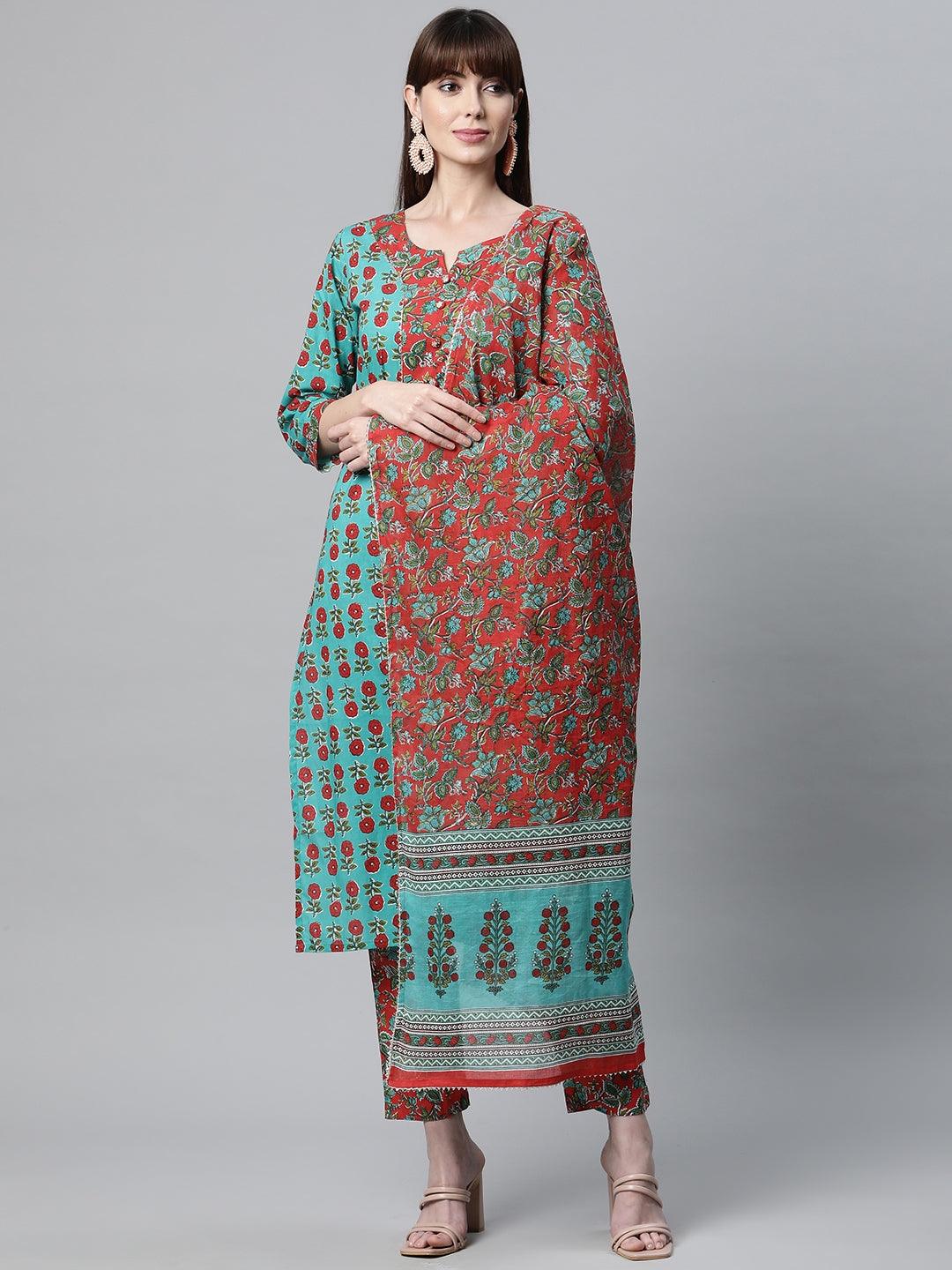 Divena Rama Green Cotton Straight Kurta Pant Set with Dupatta