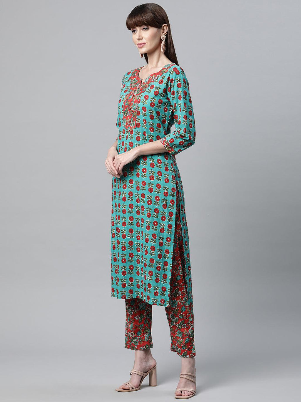Divena Rama Green Cotton Straight Kurta Pant Set with Dupatta