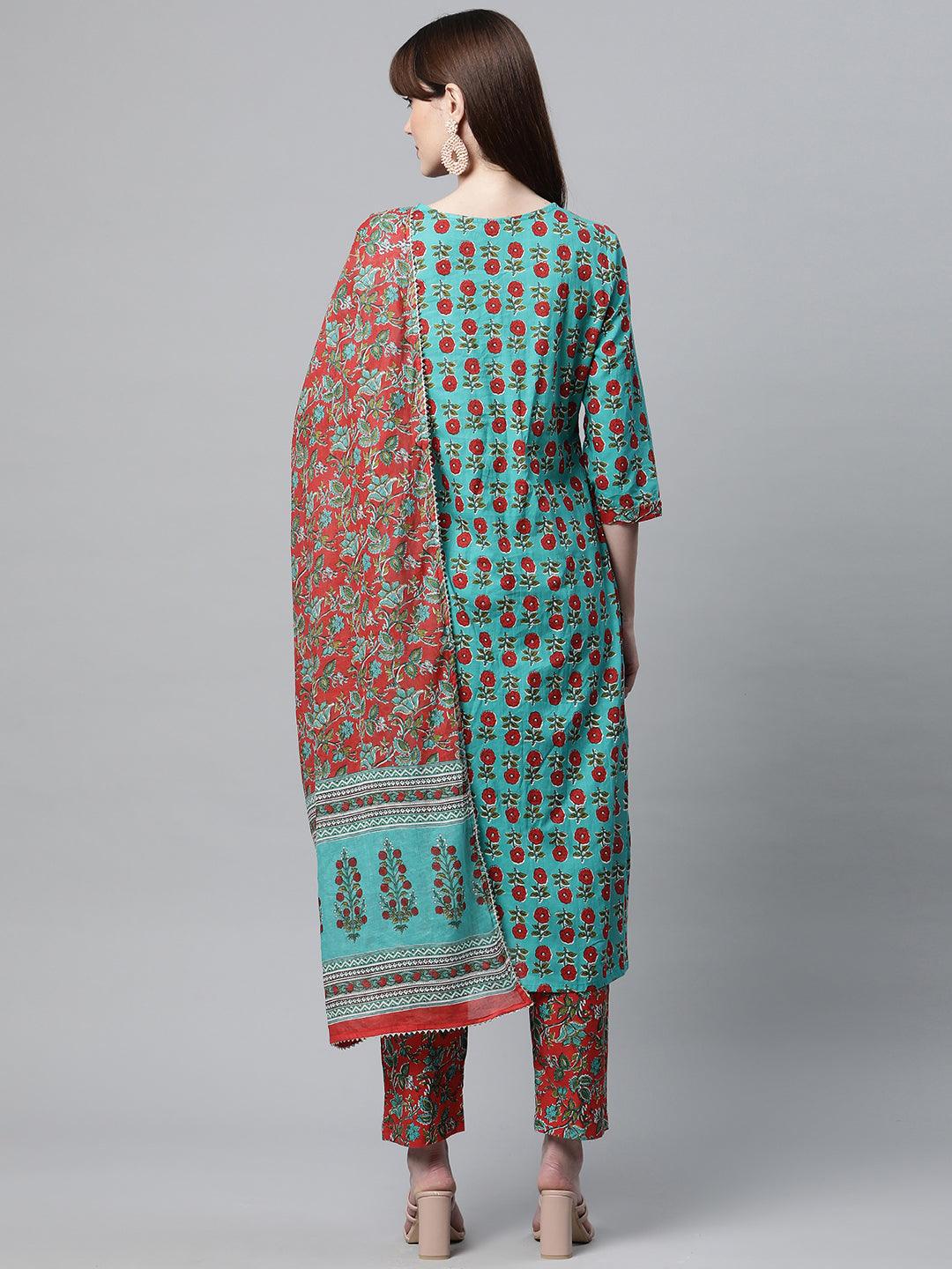 Divena Rama Green Cotton Straight Kurta Pant Set with Dupatta