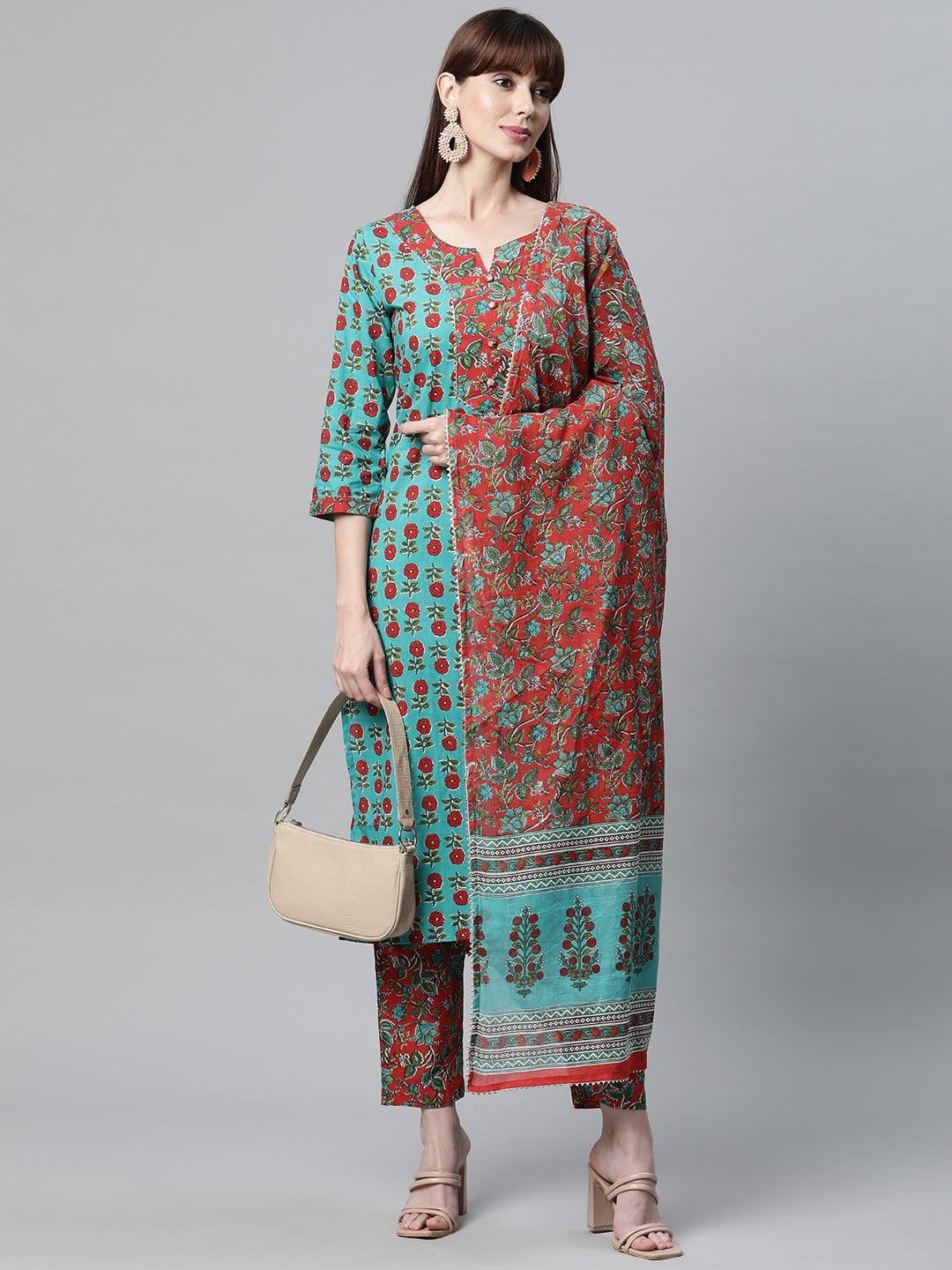 Divena Rama Green Cotton Straight Kurta Pant Set with Dupatta