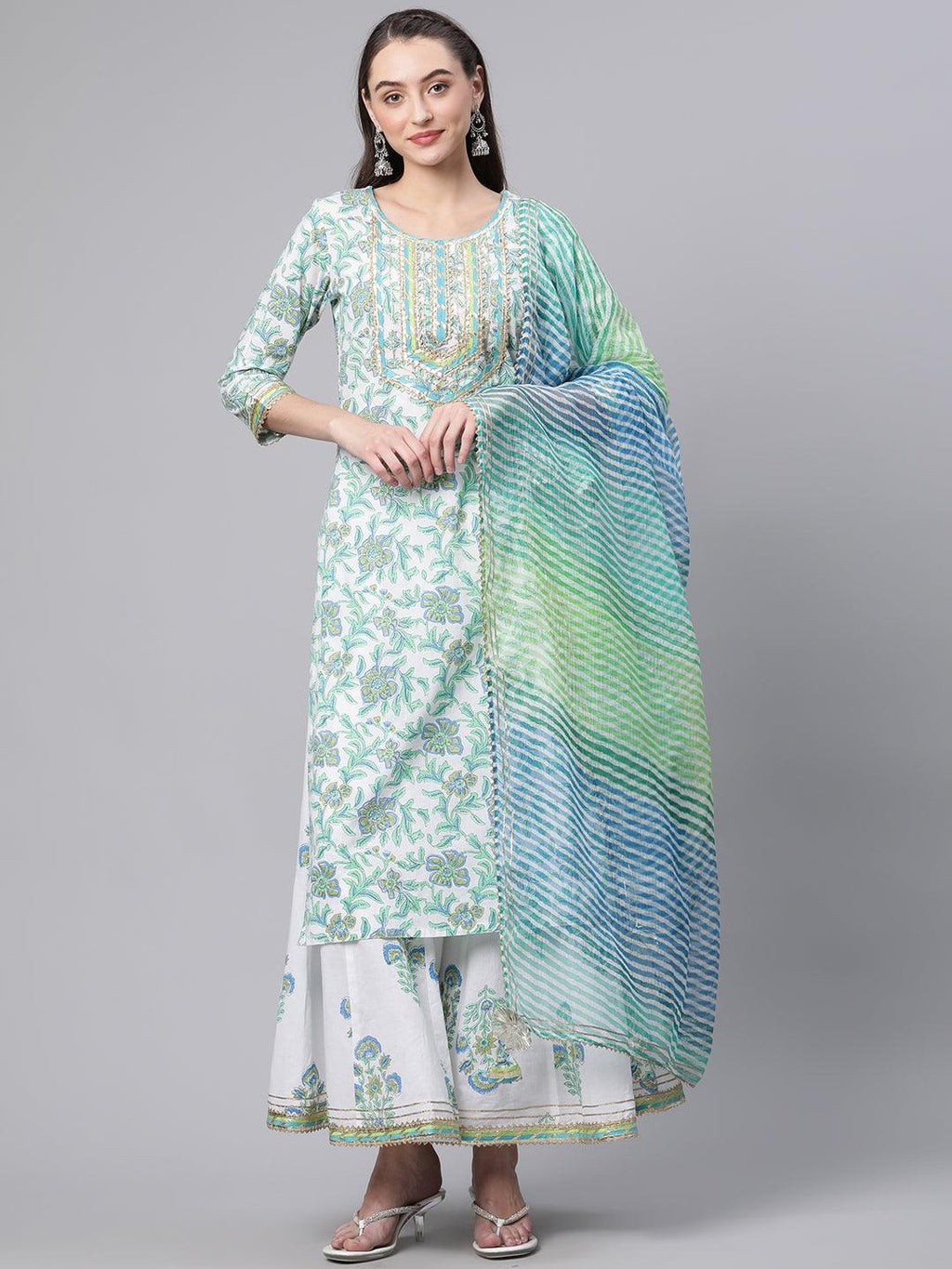Divena White Floral Printed Kurta Palazzo set with Dupatta