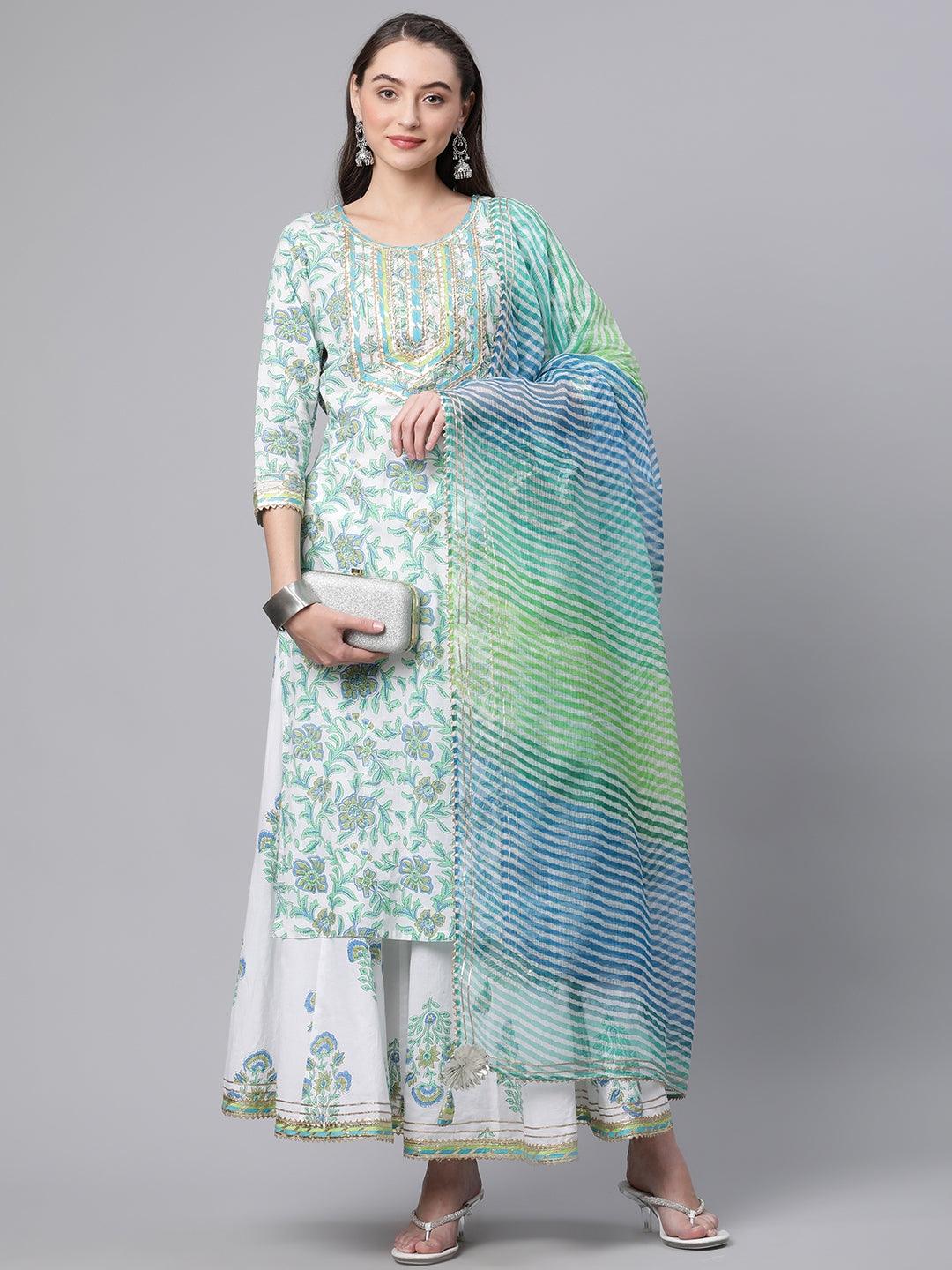 Divena White Floral Printed Kurta Palazzo set with Dupatta