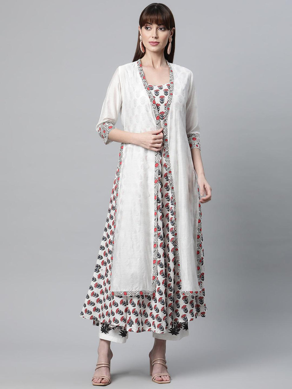 Divena White Floral Kurta Pant Set with Chanderi Shurg