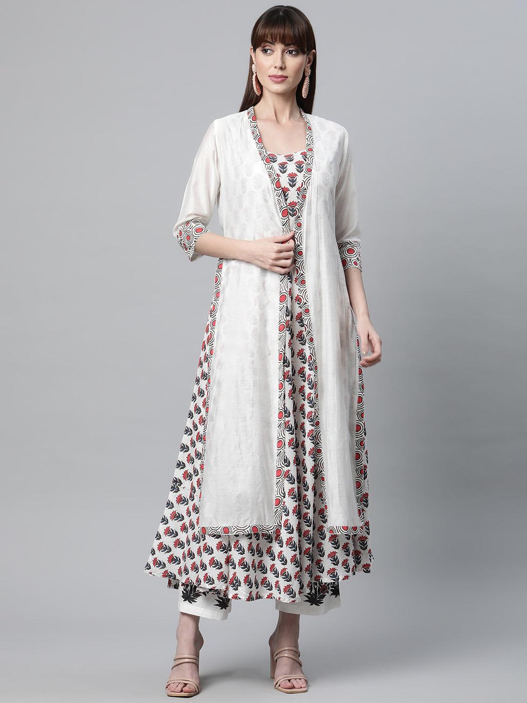 Divena White Floral Kurta Pant Set with Chanderi Shurg