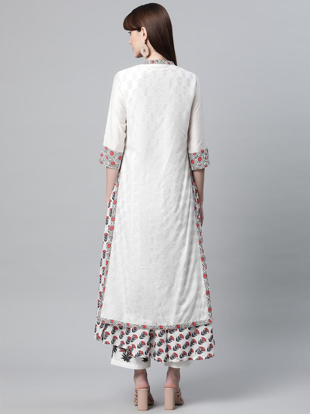 Divena White Floral Kurta Pant Set with Chanderi Shurg