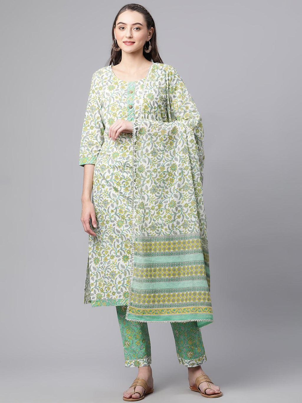 Divena White Cotton Straight Kurta Pant set with Dupatta