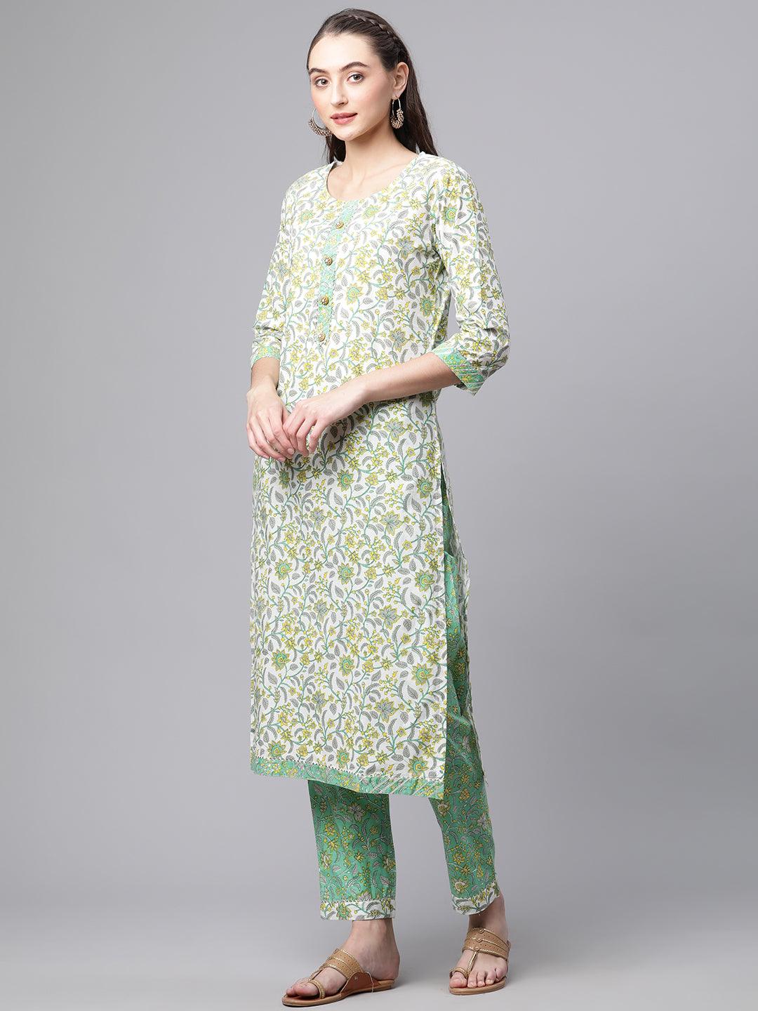 Divena White Cotton Straight Kurta Pant set with Dupatta