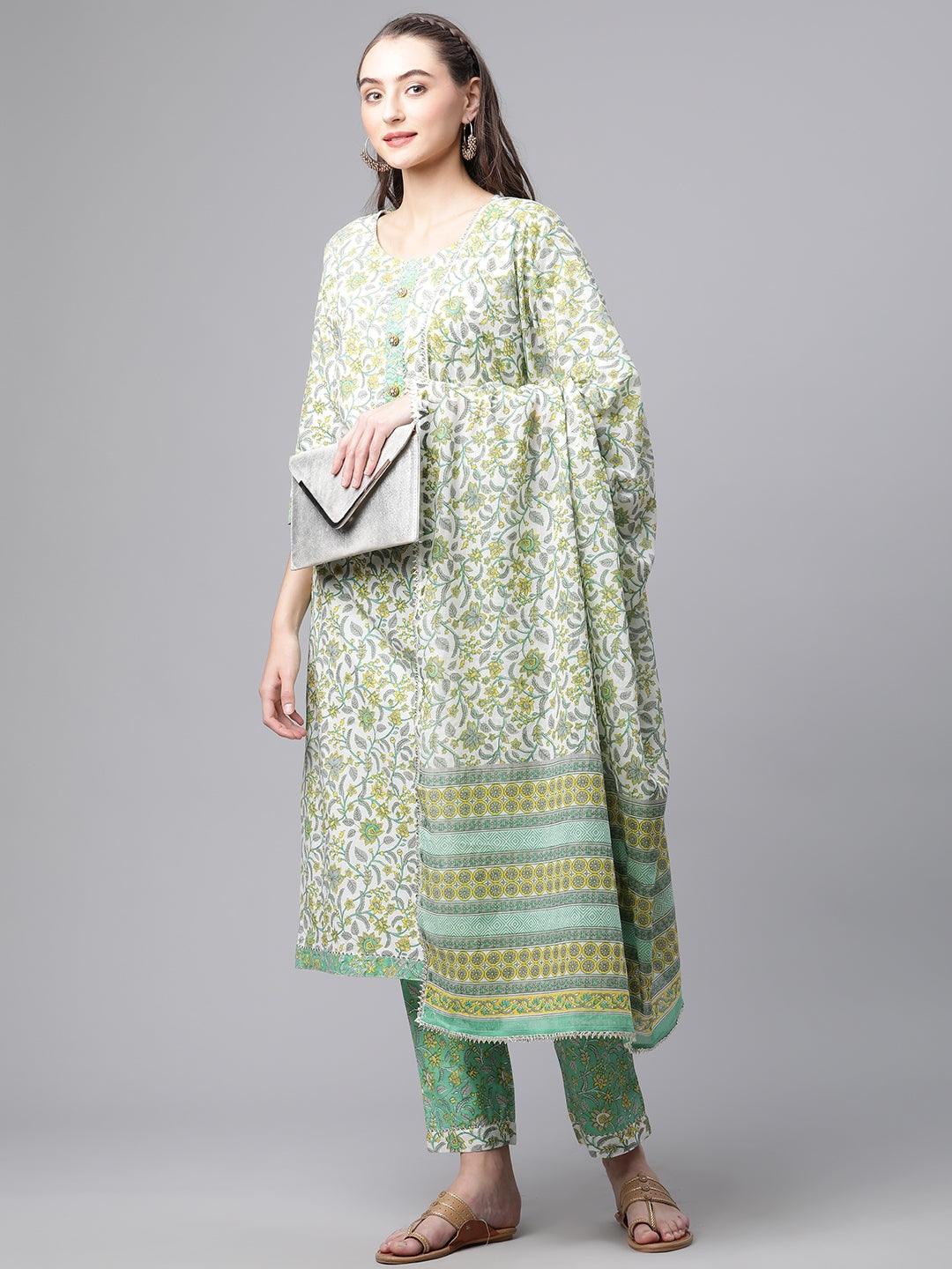 Divena White Cotton Straight Kurta Pant set with Dupatta
