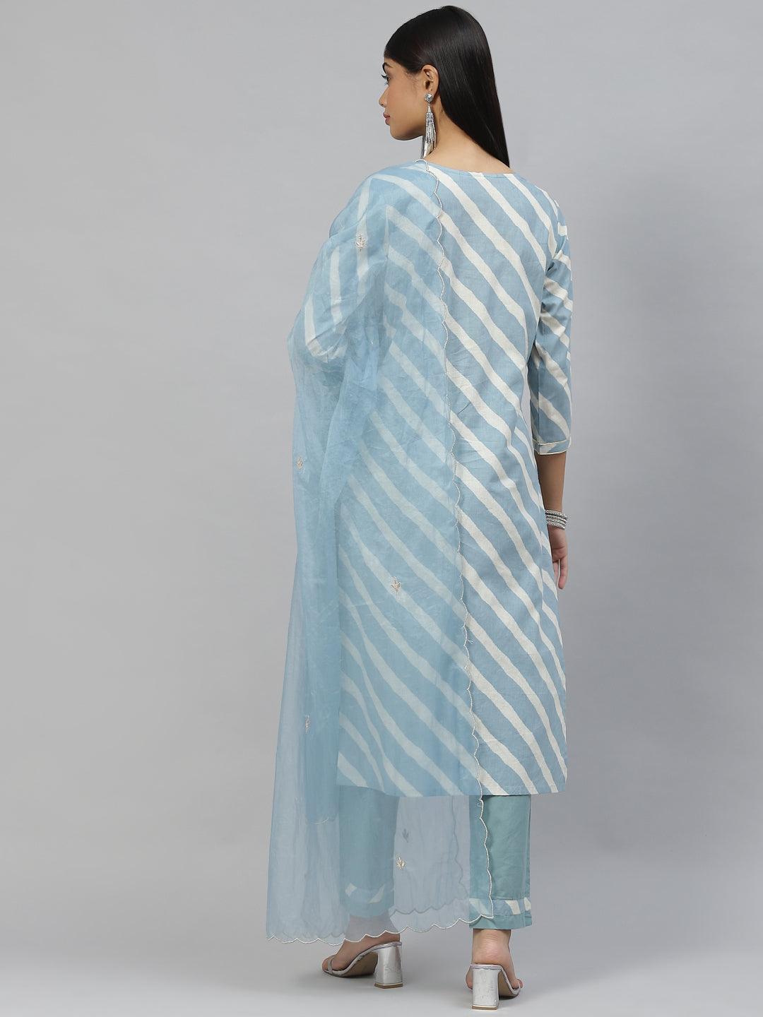 Divena Sky Blue Leheriya Cotton Kurta Pant set With Organza Dupatta
