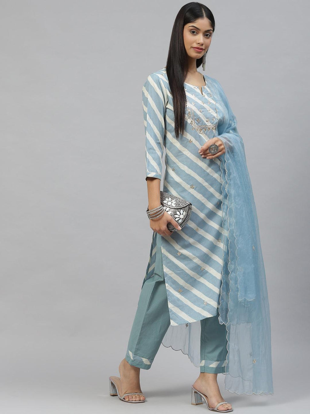Divena Sky Blue Leheriya Cotton Kurta Pant set With Organza Dupatta