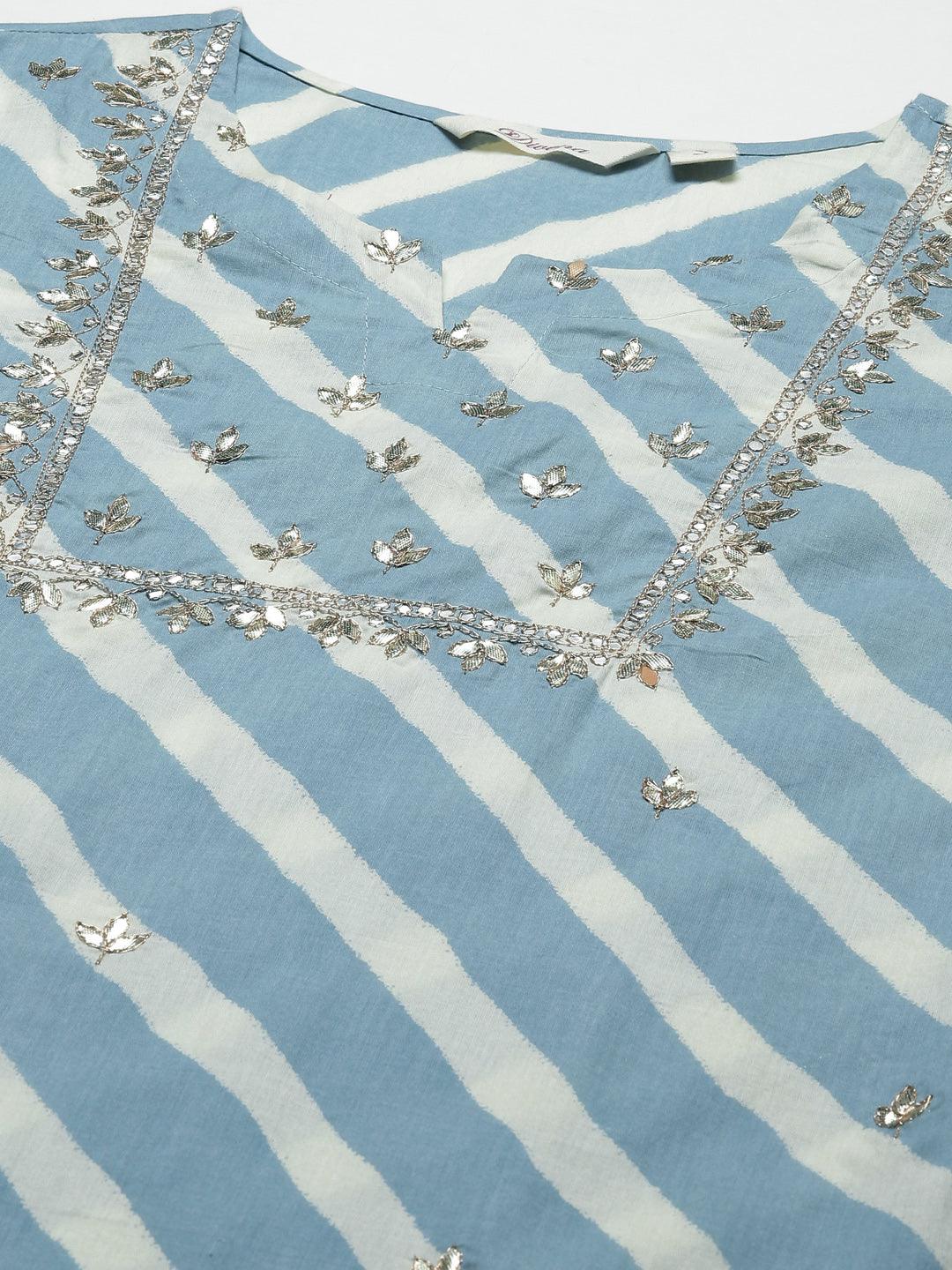 Divena Sky Blue Leheriya Cotton Kurta Pant set With Organza Dupatta