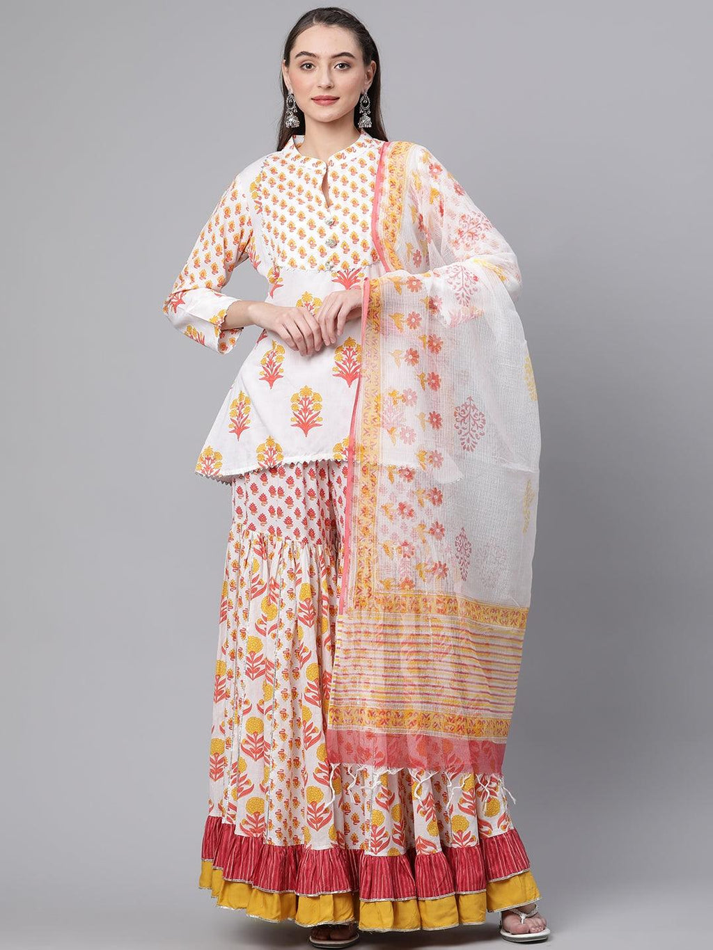 Divena Yellow White Peplum Top Sharara Set with Dupatta