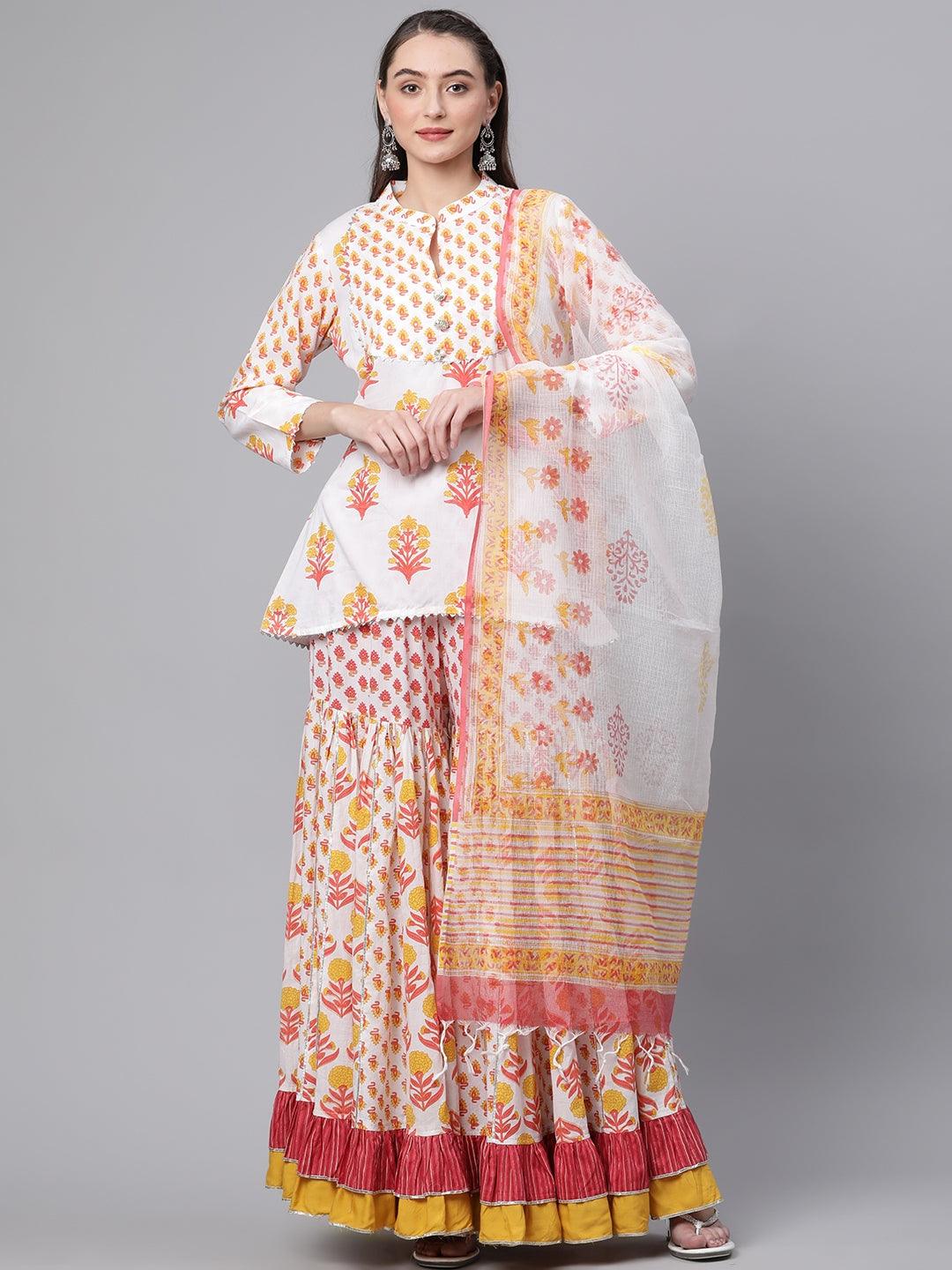 Divena Yellow White Peplum Top Sharara Set with Dupatta