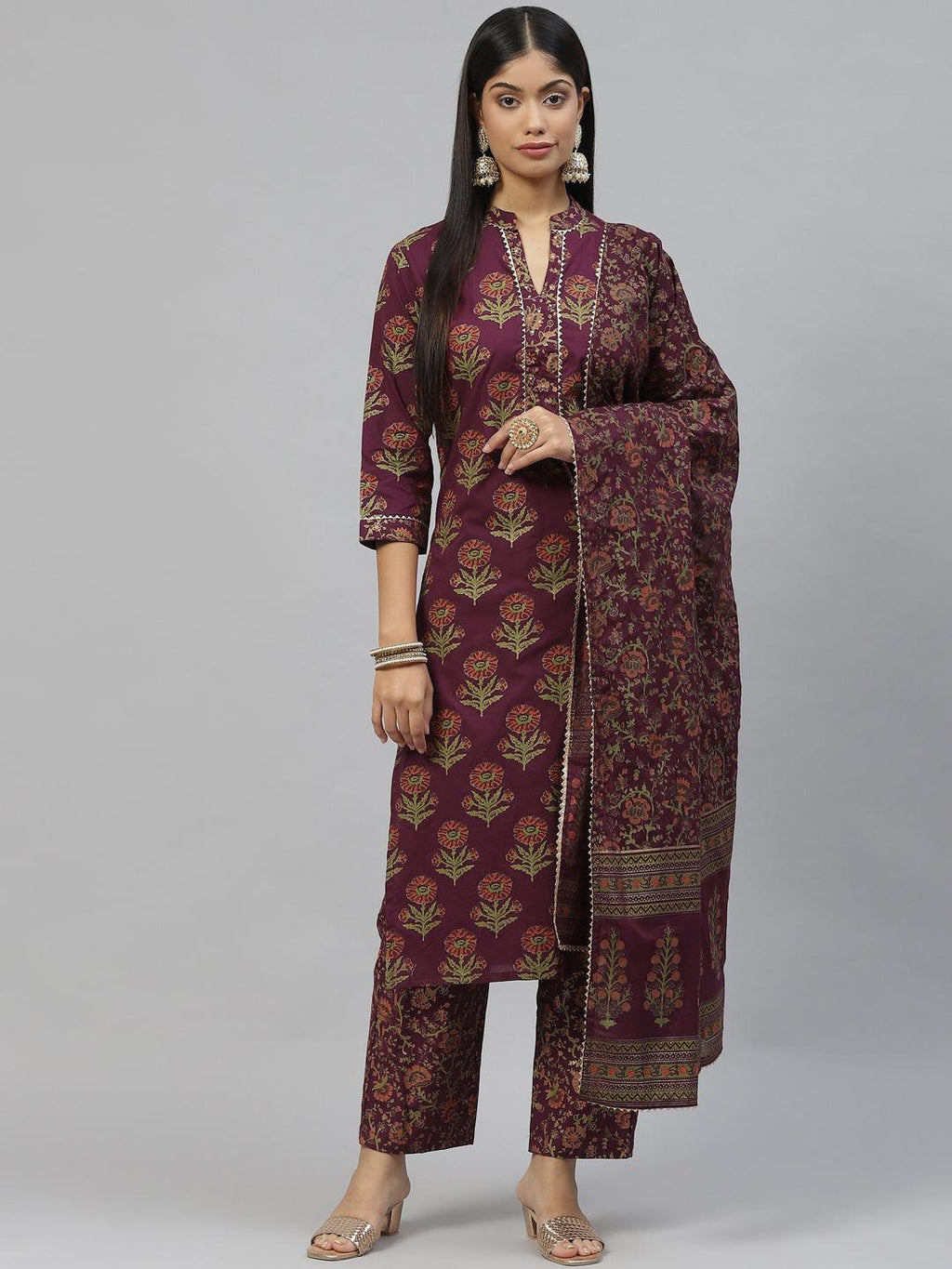 Divena Purple Cotton Straight Kurta Pant Set with Dupatta