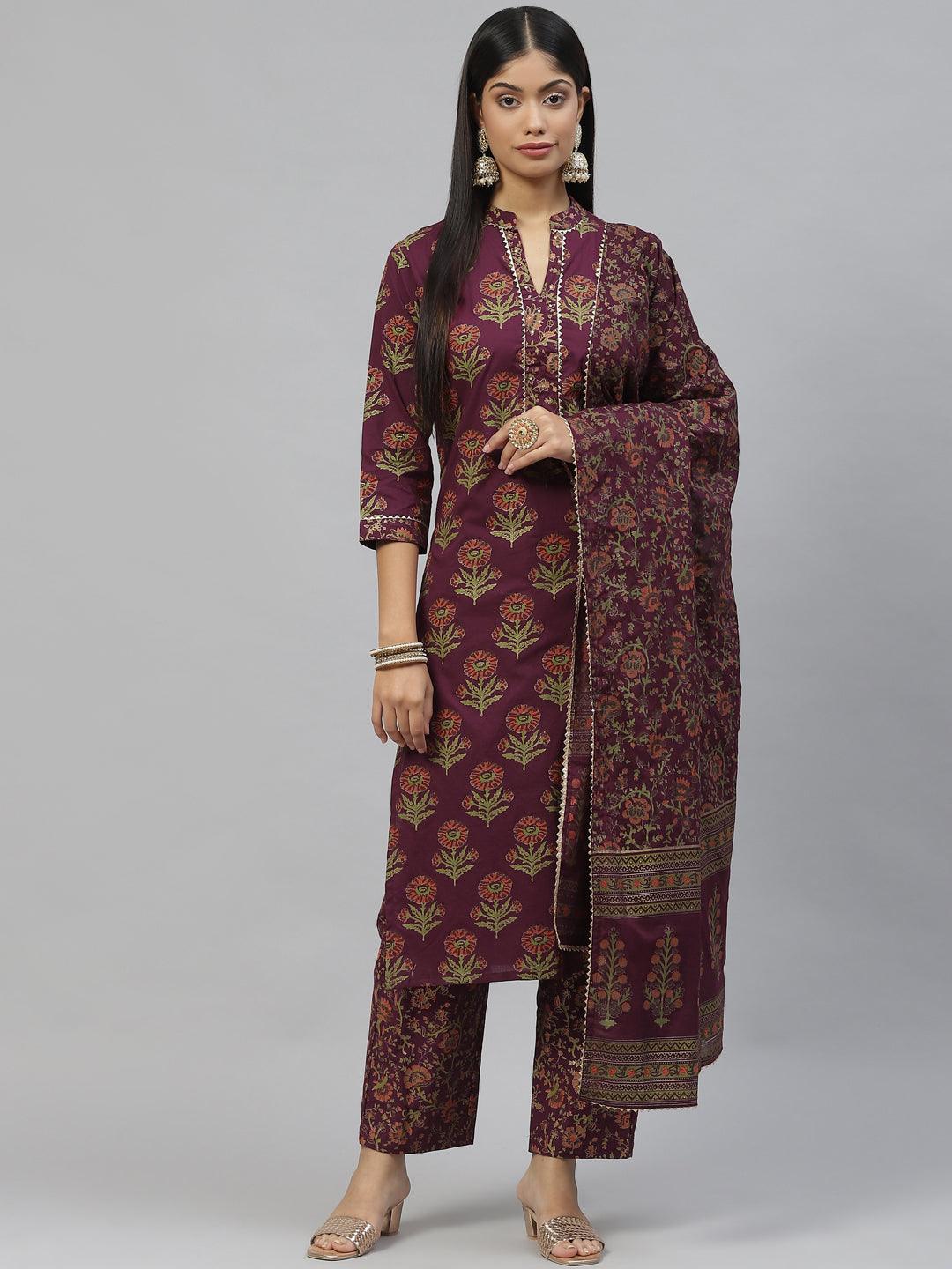 Divena Purple Cotton Straight Kurta Pant Set with Dupatta