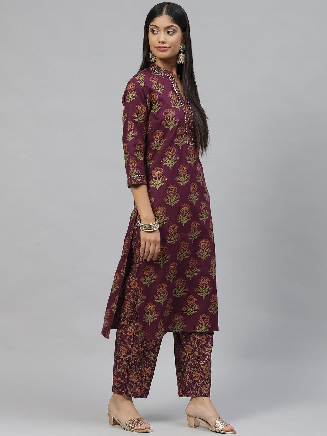Divena Purple Cotton Straight Kurta Pant Set with Dupatta