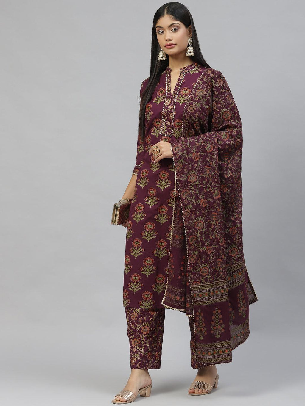 Divena Purple Cotton Straight Kurta Pant Set with Dupatta