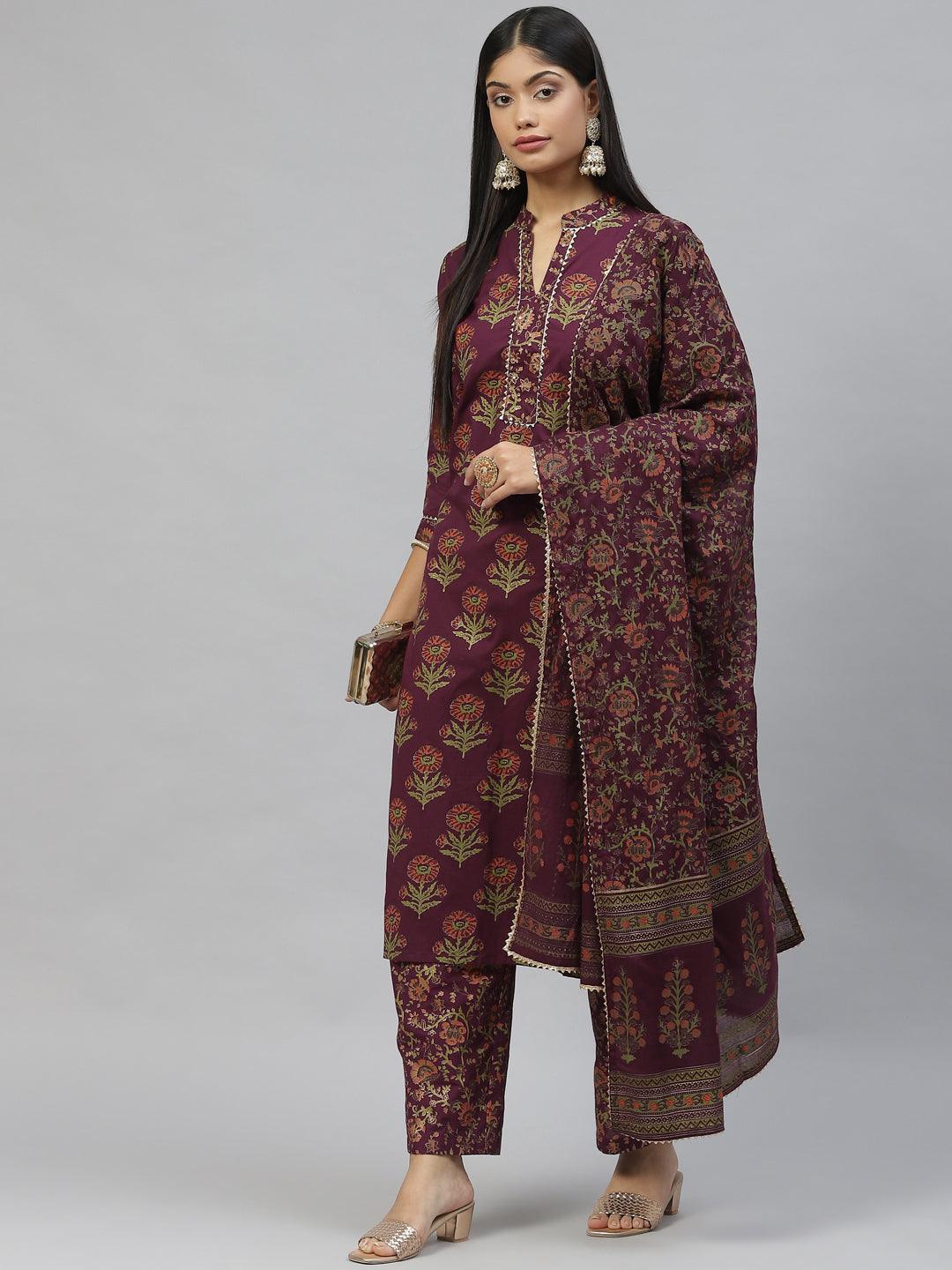 Divena Purple Cotton Straight Kurta Pant Set with Dupatta