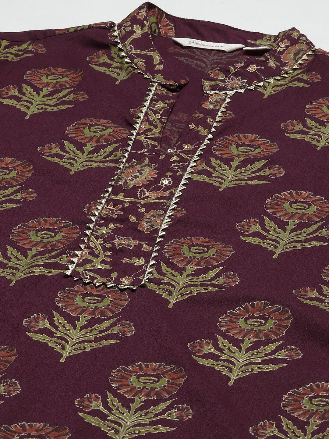 Divena Purple Cotton Straight Kurta Pant Set with Dupatta