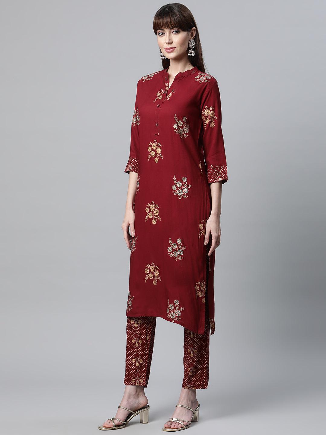 Divena Maroon Rayon Kurta Pant Set with kota doria Dupatta