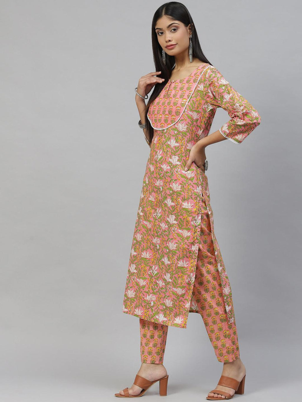 Divena Pink Floral Cotton Kurta Pant Set