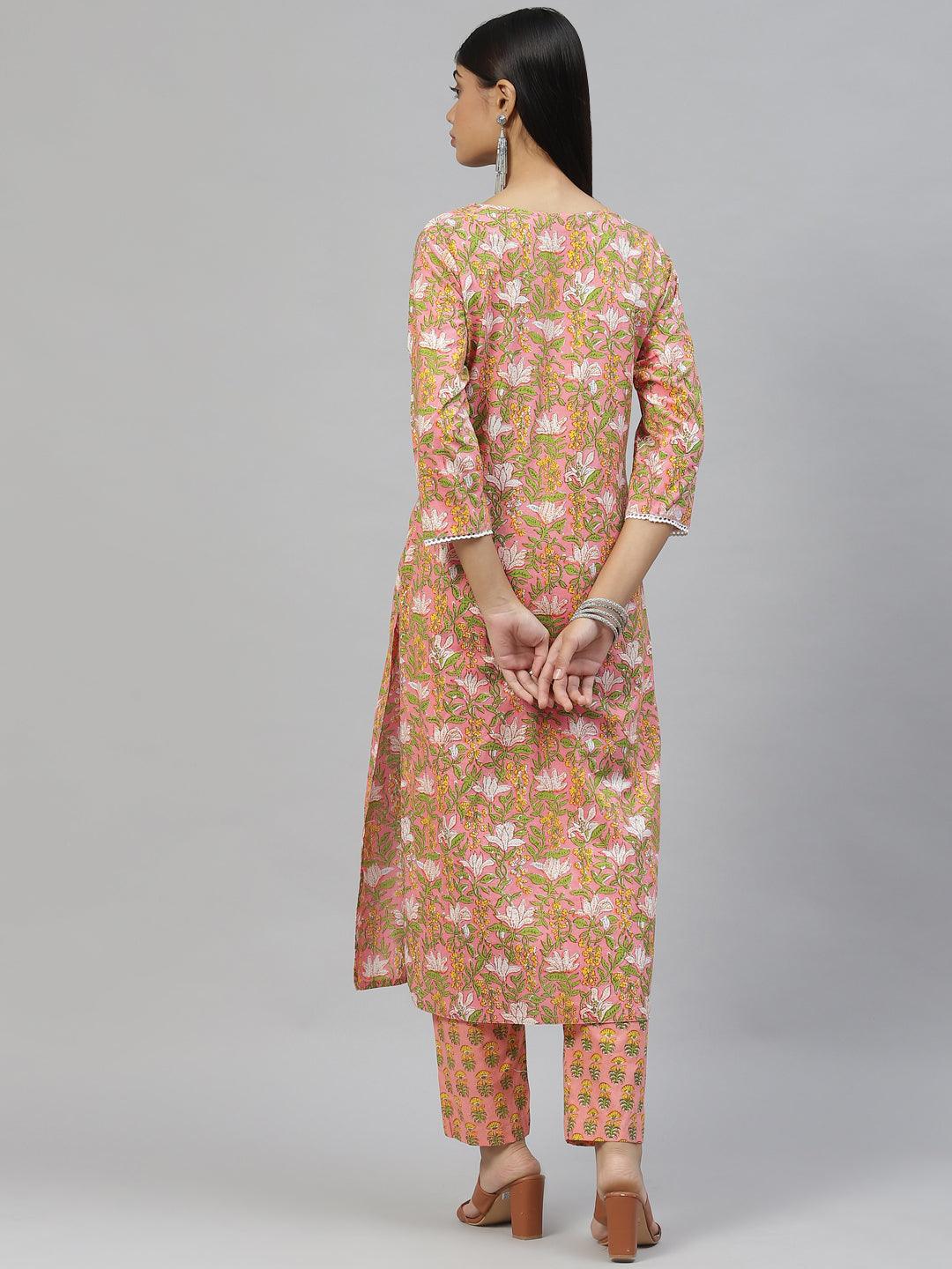 Divena Pink Floral Cotton Kurta Pant Set