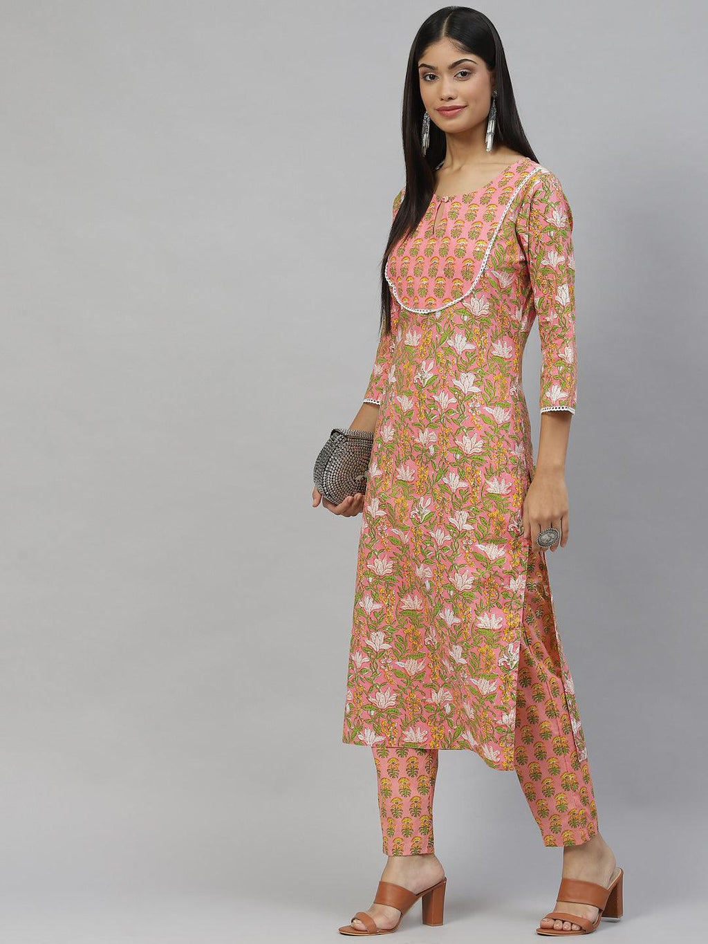 Divena Pink Floral Cotton Kurta Pant Set