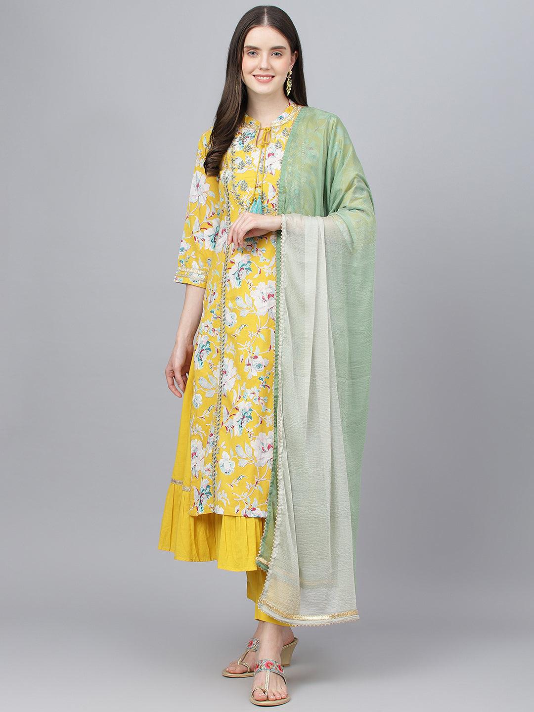 Divena Yellow Cotton Kurta Pant Set with Nazneen Dupatta