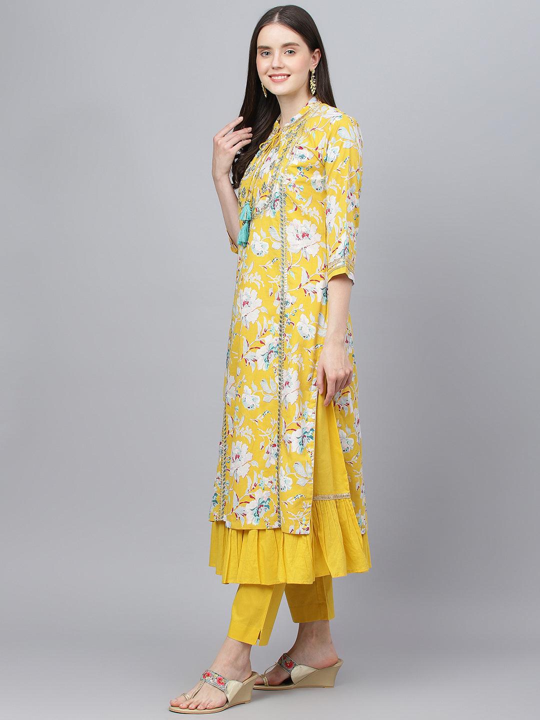 Divena Yellow Cotton Kurta Pant Set with Nazneen Dupatta