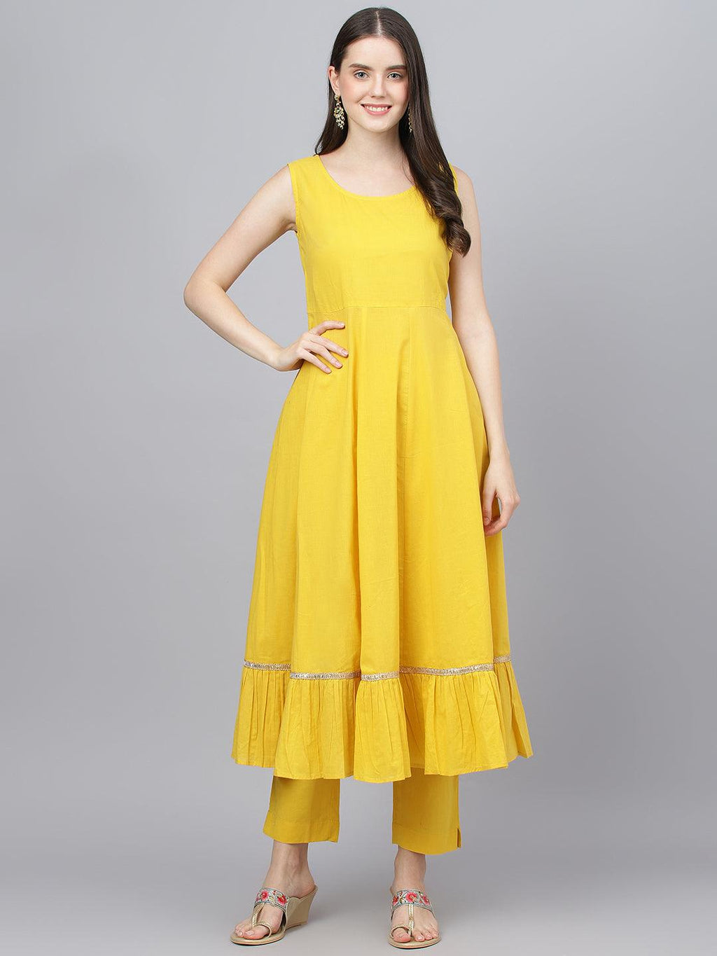 Divena Yellow Cotton Kurta Pant Set with Nazneen Dupatta