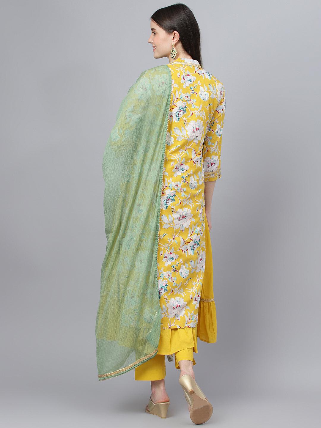 Divena Yellow Cotton Kurta Pant Set with Nazneen Dupatta