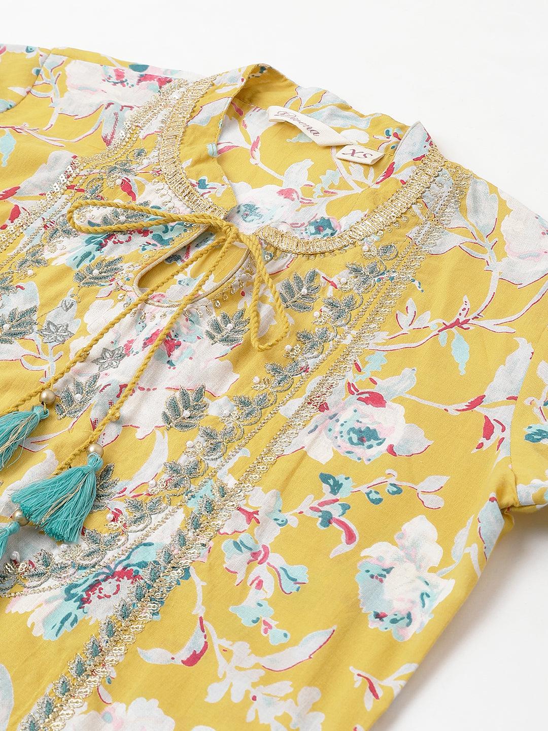 Divena Yellow Cotton Kurta Pant Set with Nazneen Dupatta