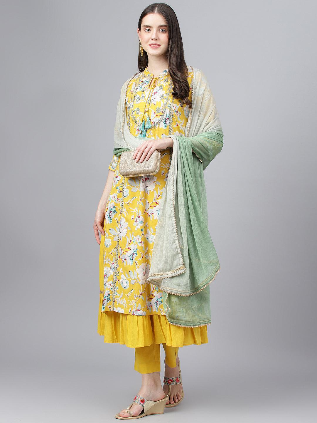 Divena Yellow Cotton Kurta Pant Set with Nazneen Dupatta