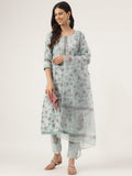 Divena Skyblue Hand Block Cotton Straight pant set with Organza Dupatta