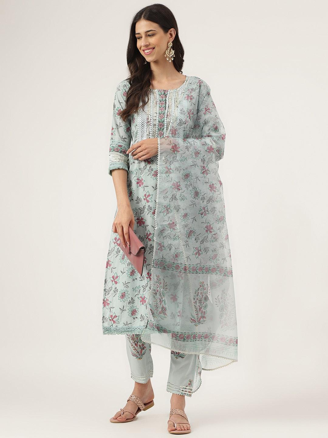 Divena Skyblue Hand Block Cotton Straight pant set with Organza Dupatta