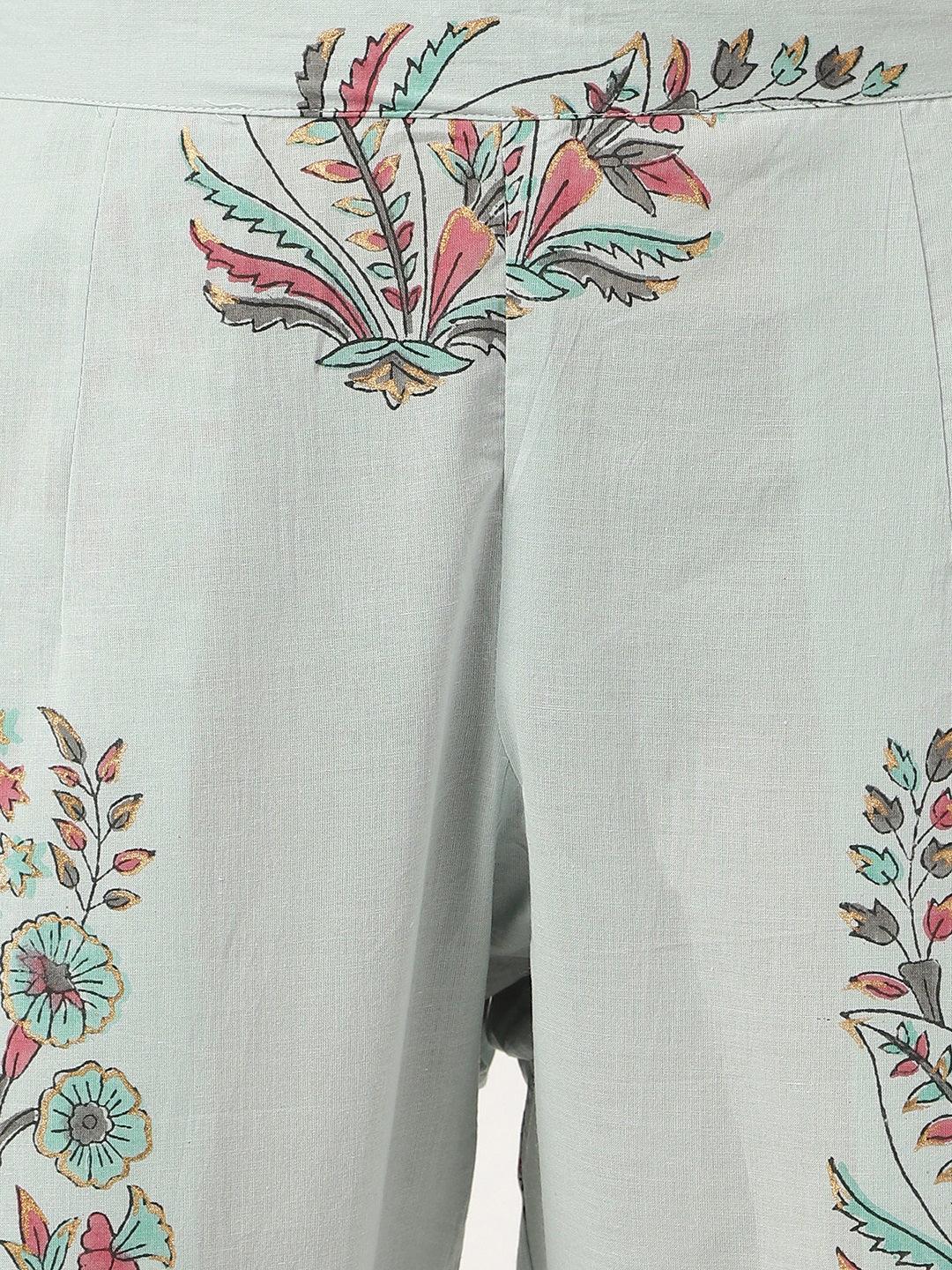 Divena Skyblue Hand Block Cotton Straight pant set with Organza Dupatta
