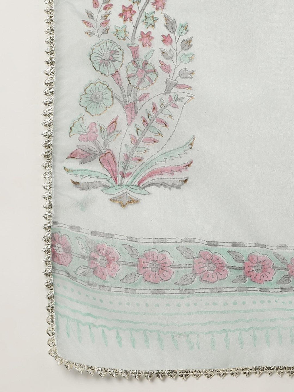 Divena Skyblue Hand Block Cotton Straight pant set with Organza Dupatta