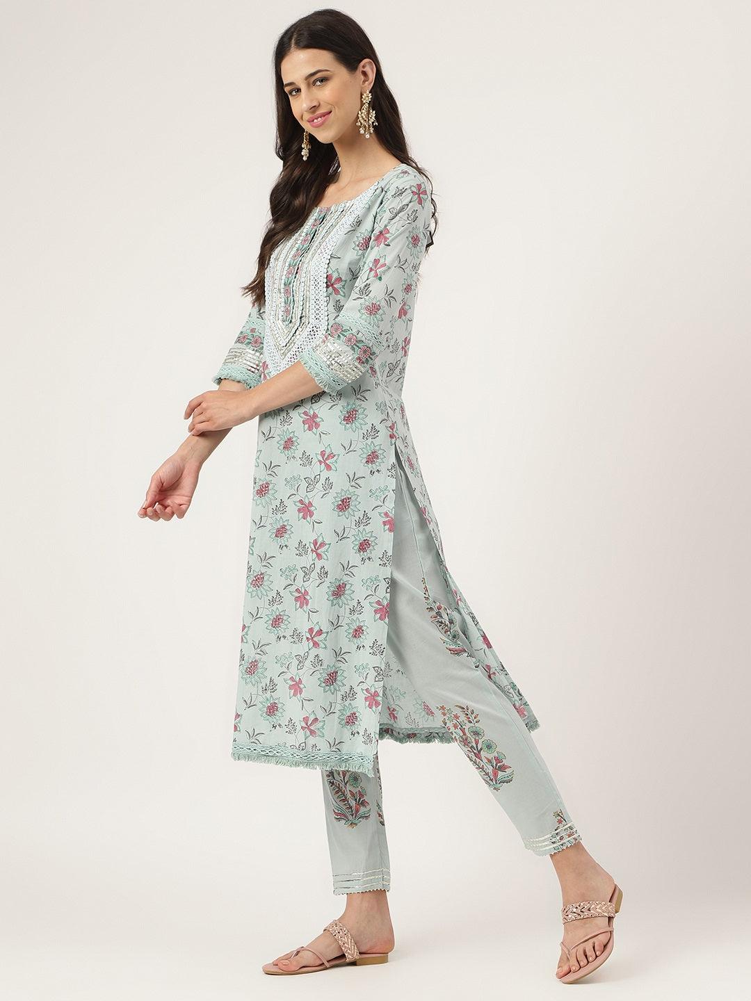 Divena Skyblue Hand Block Cotton Straight pant set with Organza Dupatta