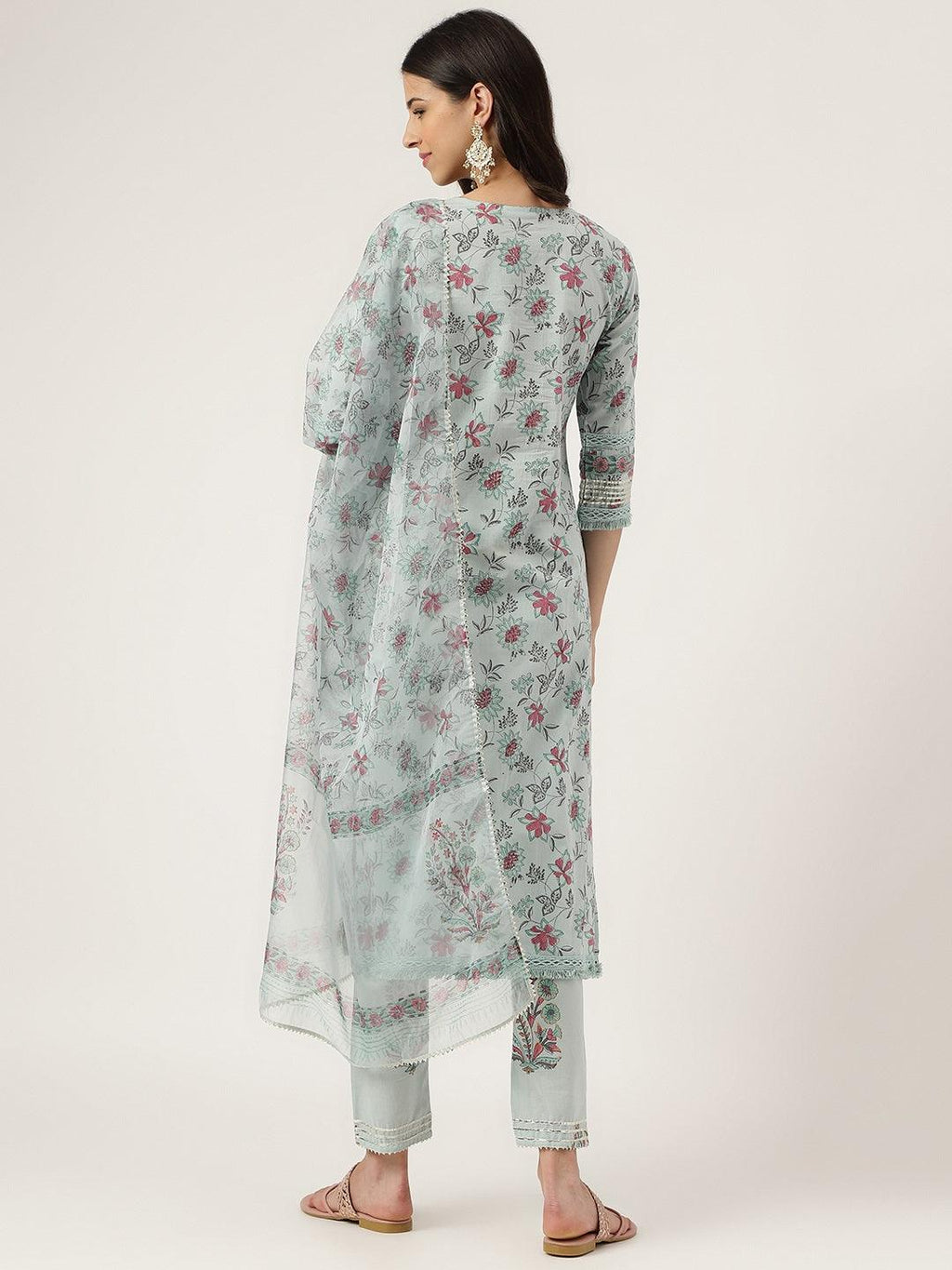 Divena Skyblue Hand Block Cotton Straight pant set with Organza Dupatta