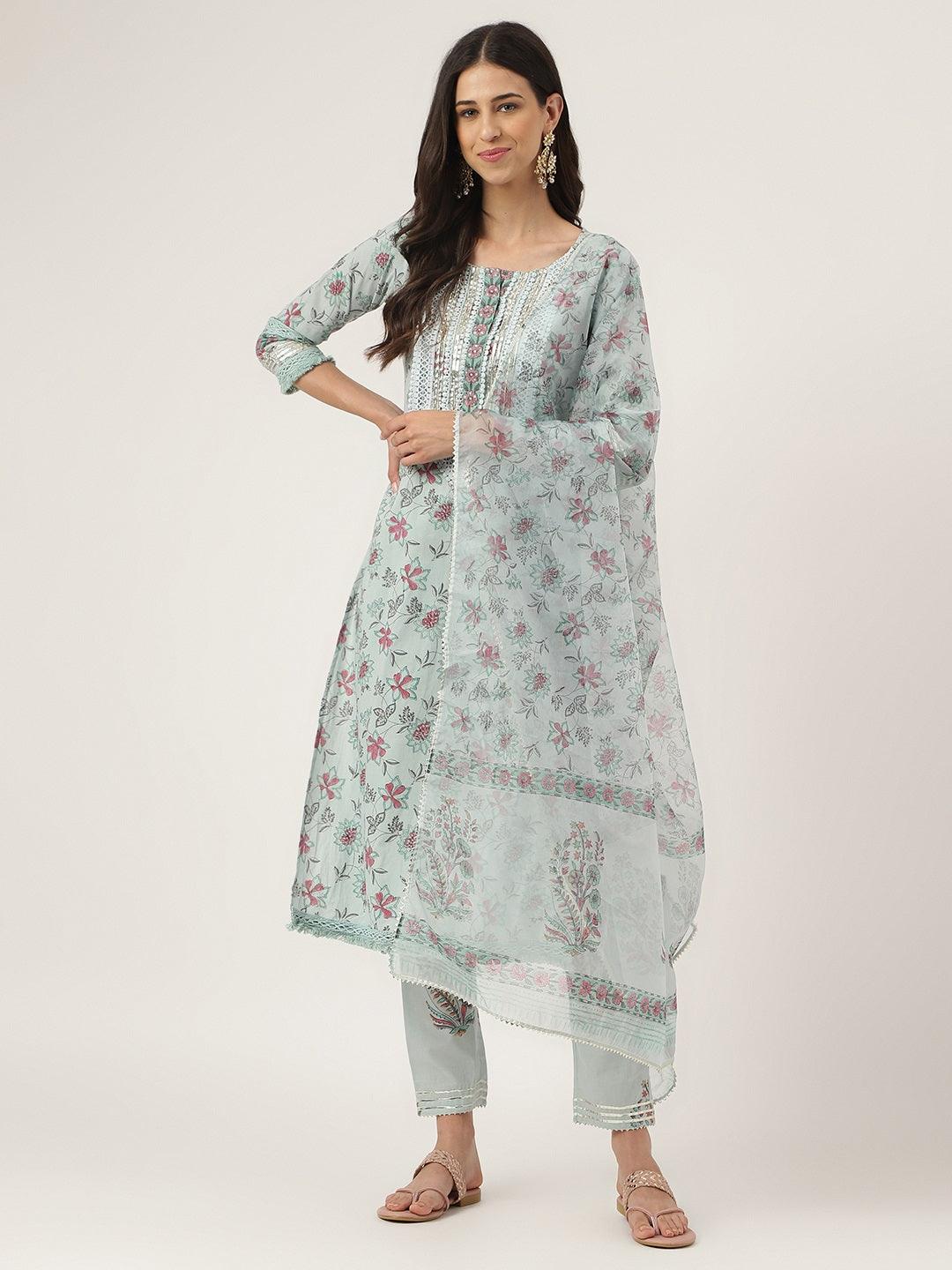 Divena Skyblue Hand Block Cotton Straight pant set with Organza Dupatta