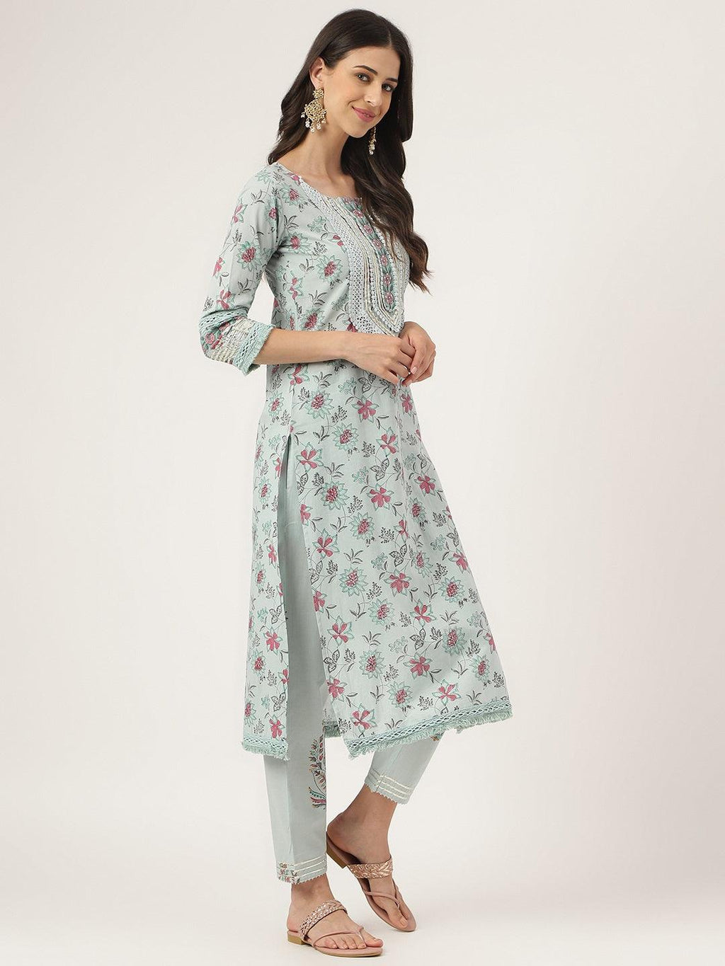 Divena Skyblue Hand Block Cotton Straight pant set with Organza Dupatta