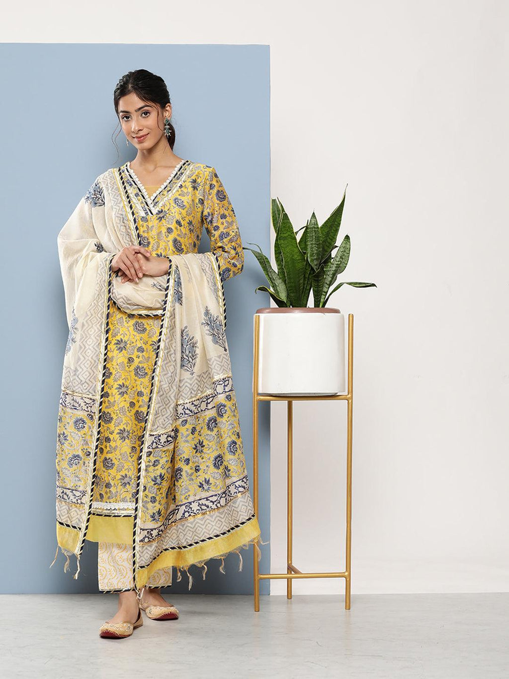 Divena Yellow Pure Chanderi Kurta Pant Set with Dupatta