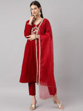 Divena Red Solid Velvet hand work Kurta pant With Organza Dupatta set