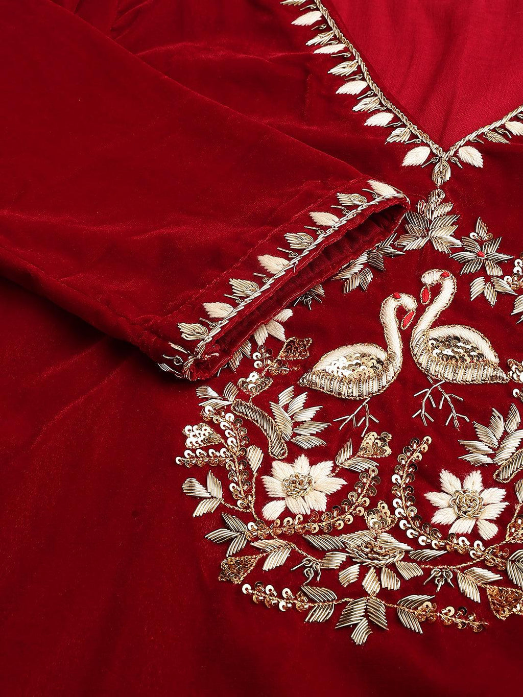 Divena Red Solid Velvet hand work Kurta pant With Organza Dupatta set