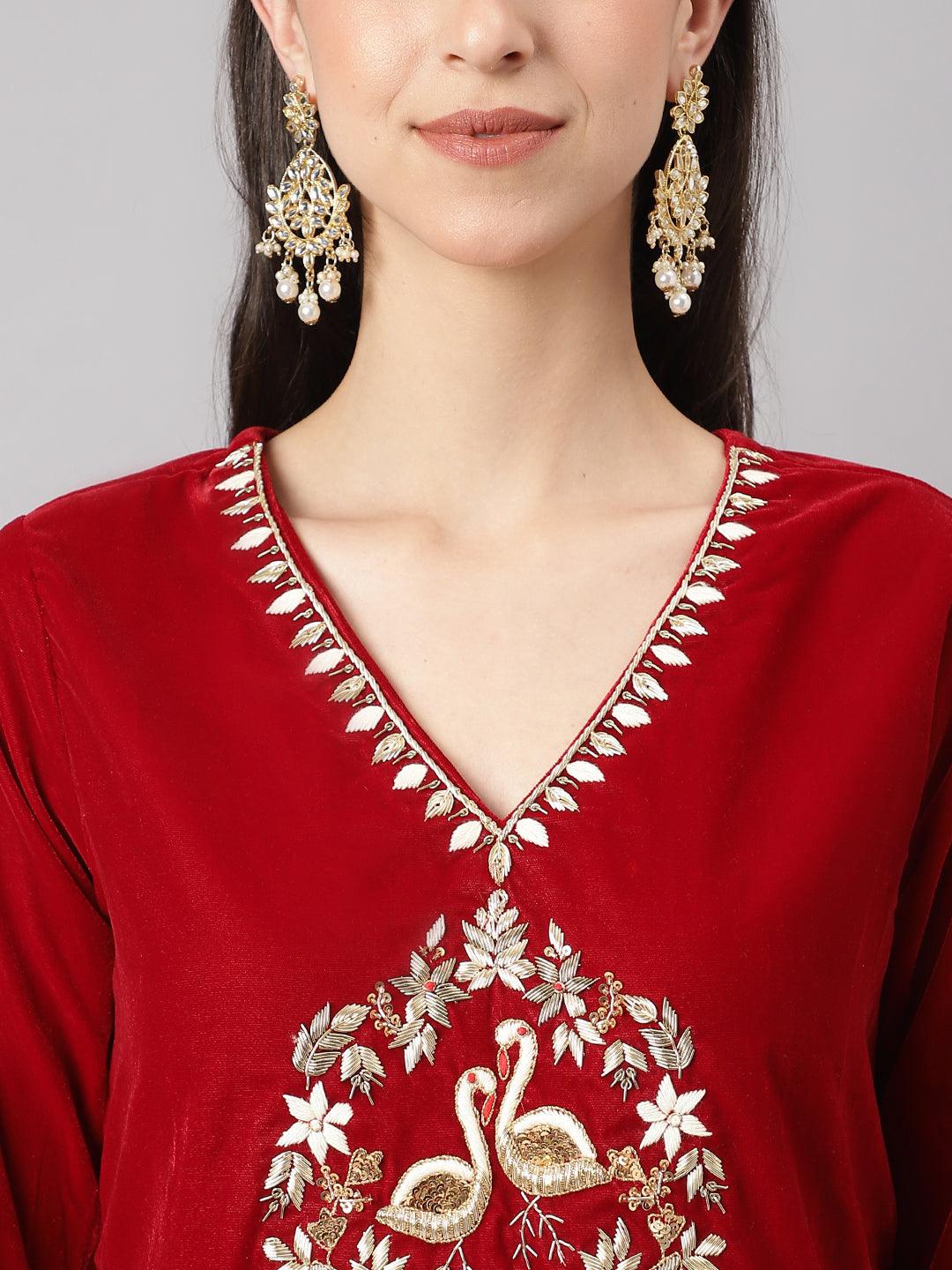 Divena Red Solid Velvet hand work Kurta pant With Organza Dupatta set