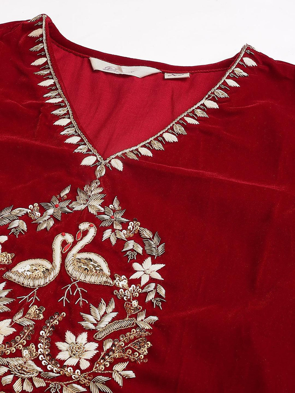 Divena Red Solid Velvet hand work Kurta pant With Organza Dupatta set