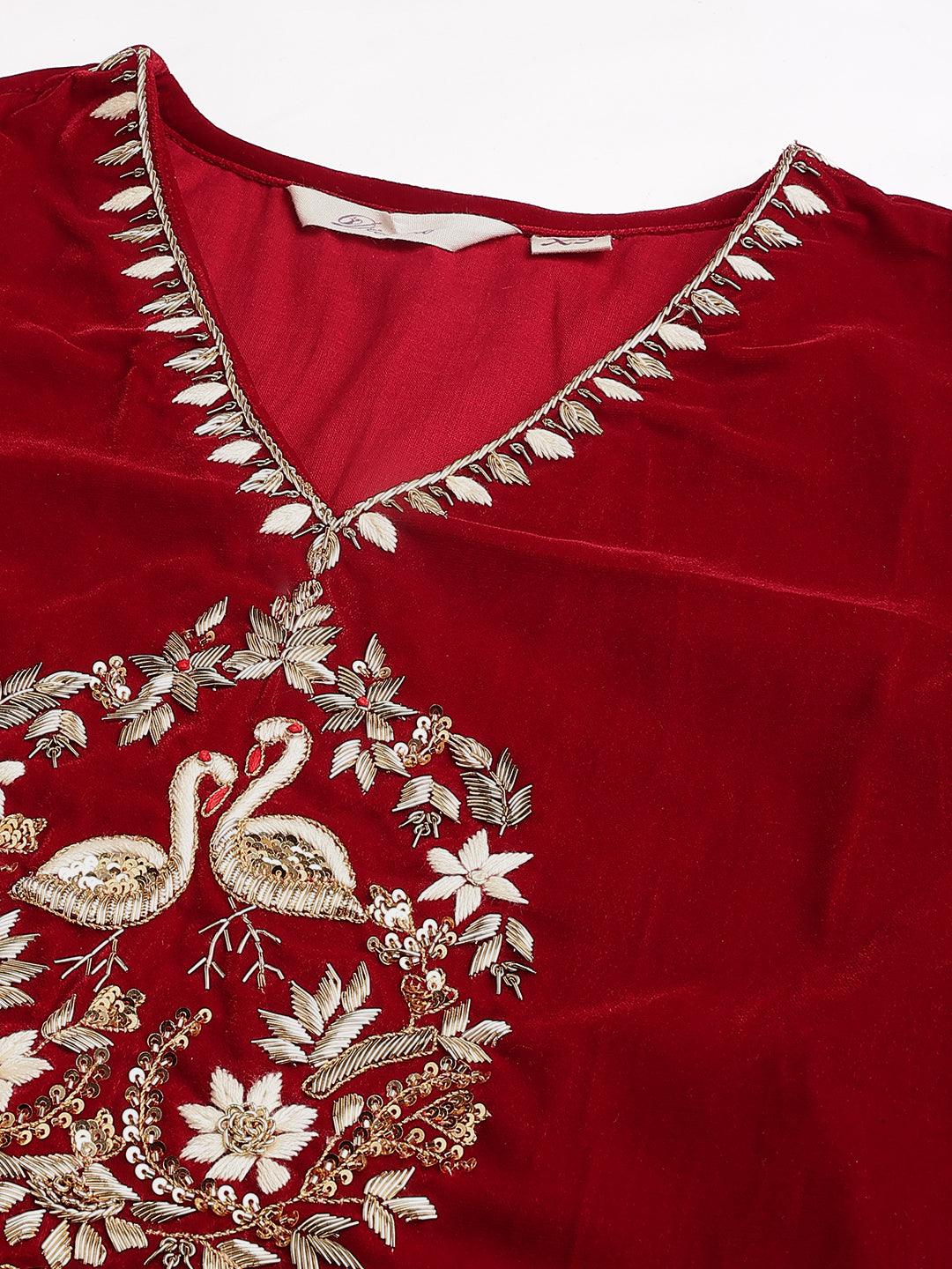 Divena Red Solid Velvet hand work Kurta pant With Organza Dupatta set