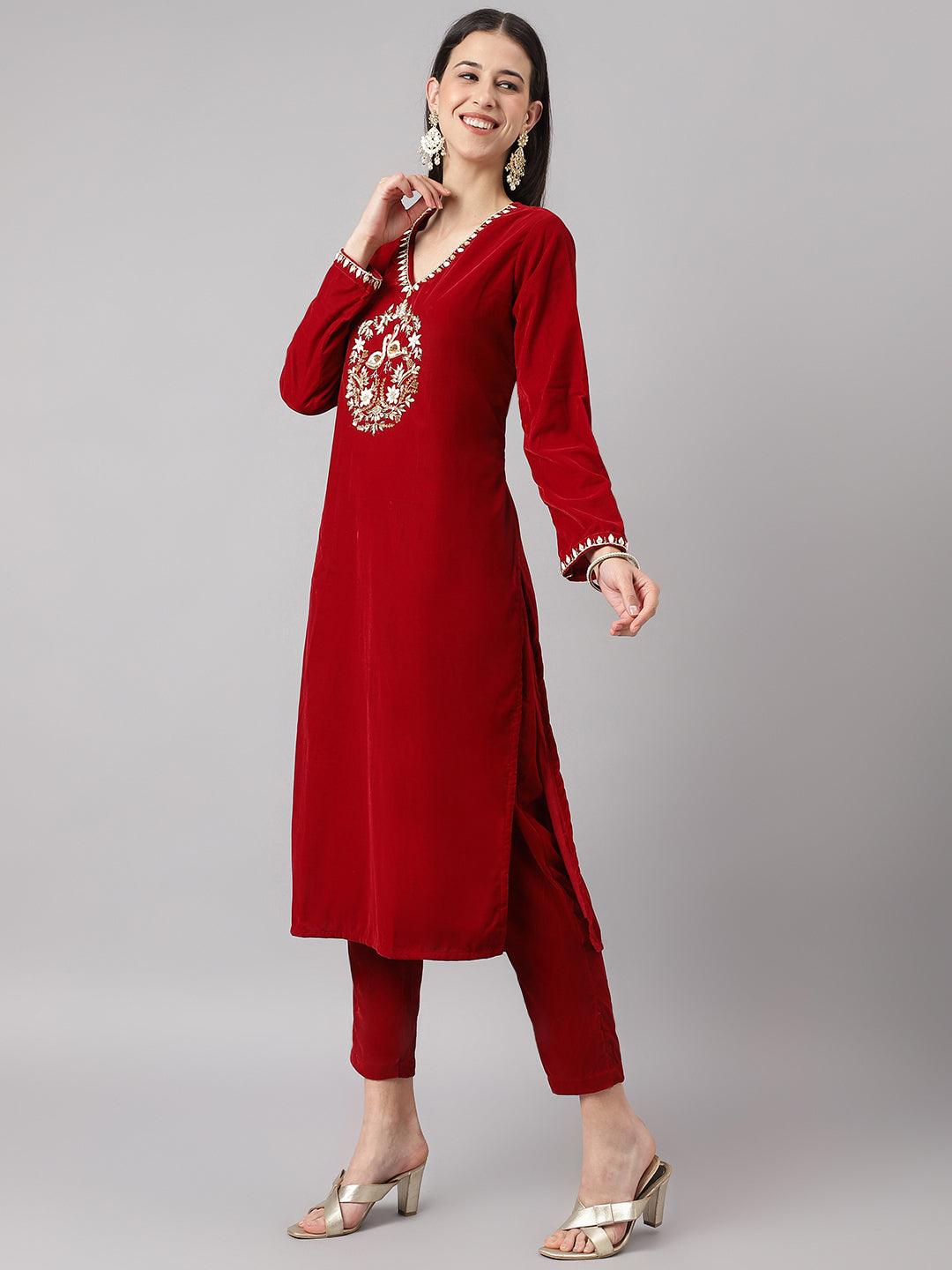 Divena Red Solid Velvet hand work Kurta pant With Organza Dupatta set