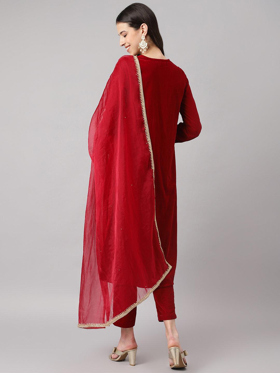 Divena Red Solid Velvet hand work Kurta pant With Organza Dupatta set