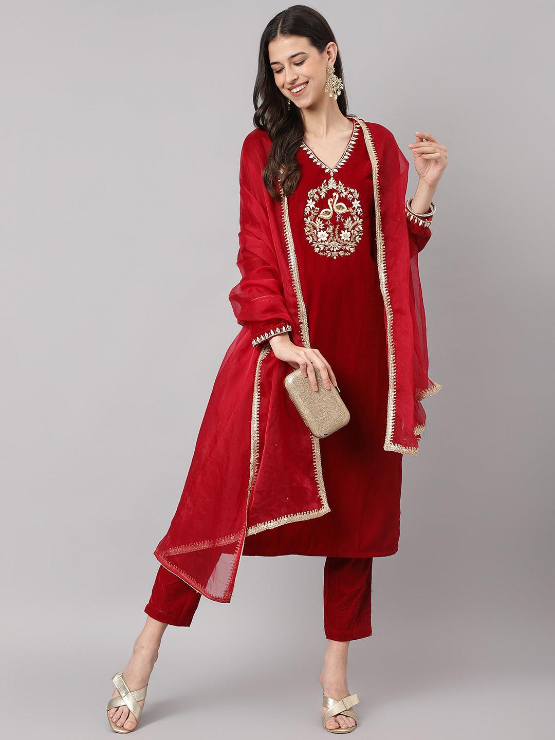 Divena Red Solid Velvet hand work Kurta pant With Organza Dupatta set